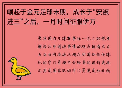 崛起于金元足球末期，成长于“安被进三”之后，一月时间征服伊万